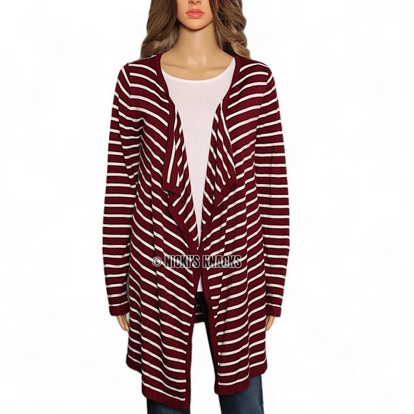 Stitch Fix Striped Waterfall Cardigan Red White Open Front Elbow Patch Size M - Picture 2 of 9